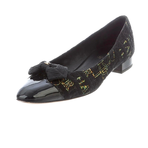 CHANEL Shoes - Chanel Black Embroidered Tweed Bow Ballerina Shoes